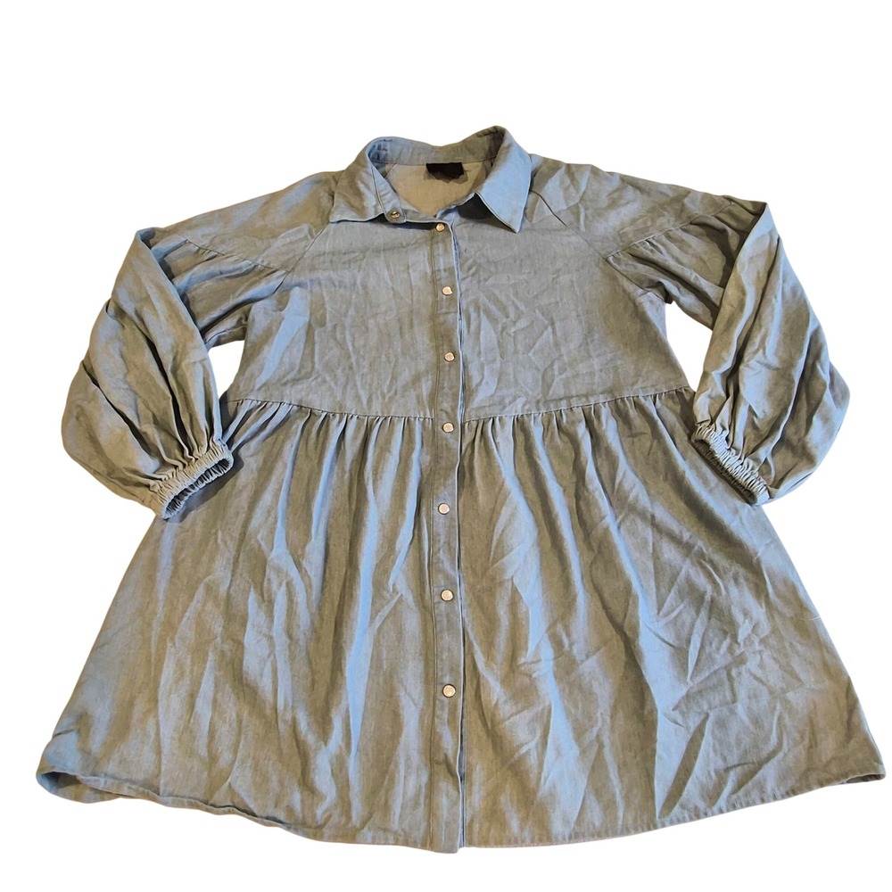 Lumiere Light Wash Chambray Babydoll Mini Dress Puff Sleeve ND32283 Medium